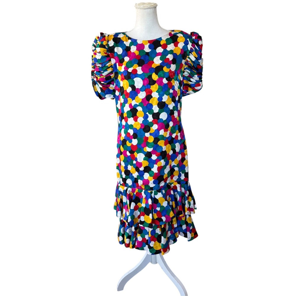 Vintage Raul Blanco 100% Silk Polka Dot Ruffle Tiered Dress Multicolor Size 10